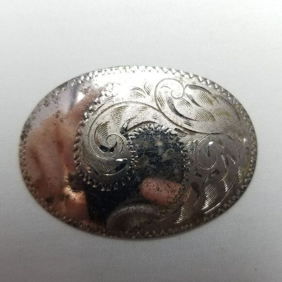 Vintage Sterling Silver Oval Brooch, Scroll Etched Design, Minimal Unisex Estate - Picture 6 of 6